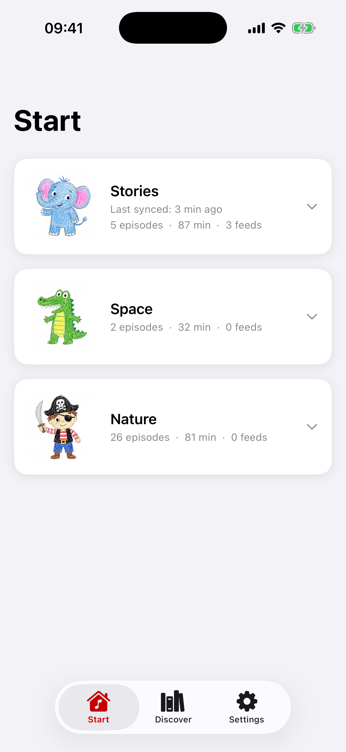 LittleCast Start screen showing Stories, Space and Nature podcast categories with sync status